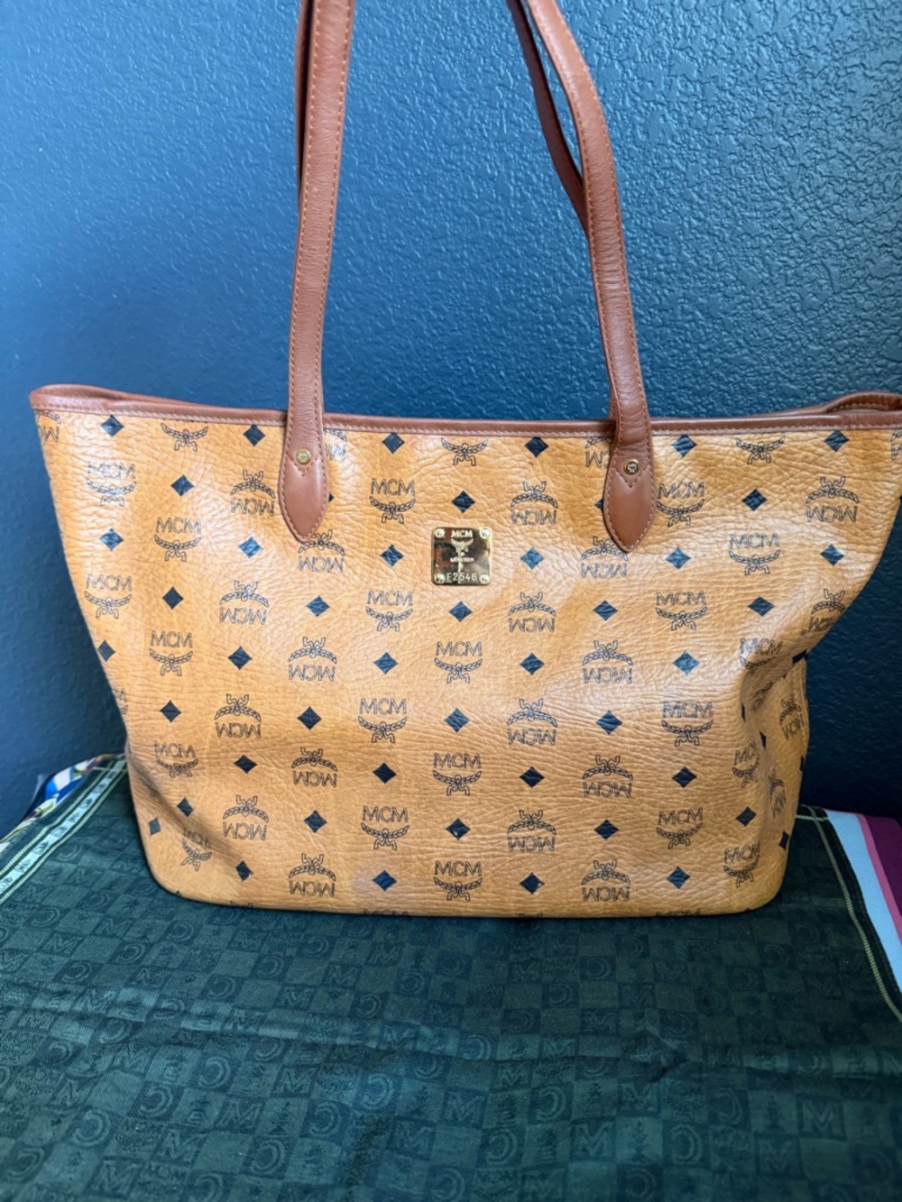 MCM Cognac and Black Visetos Logo Tote